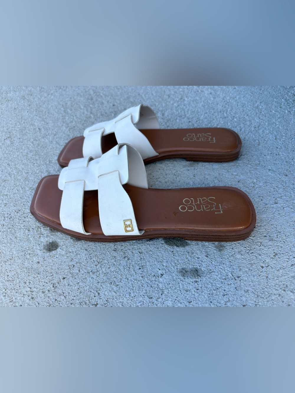 Franco Sarto White Leather Slide Sandals with Brown Footbed
